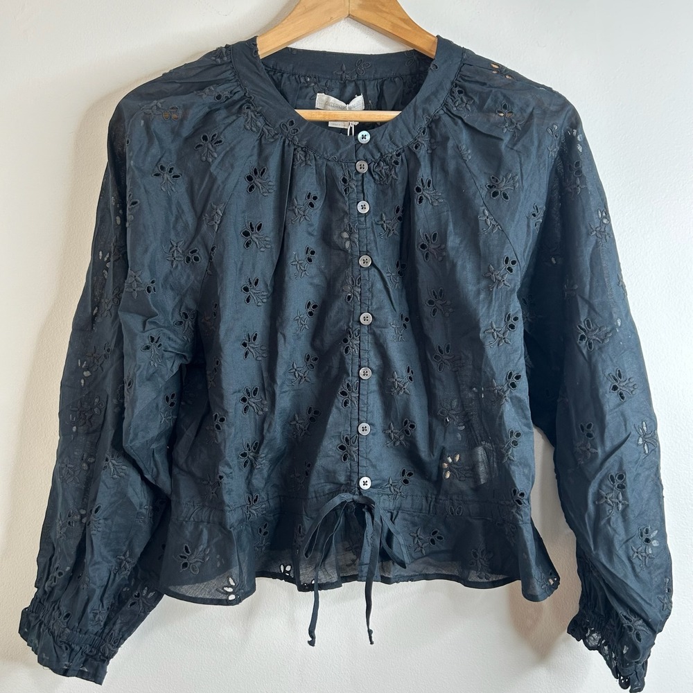 Outerknown Black Eyelet Embroidered Cotton Peasant Blouse Top Sz S Pet Boho Chic